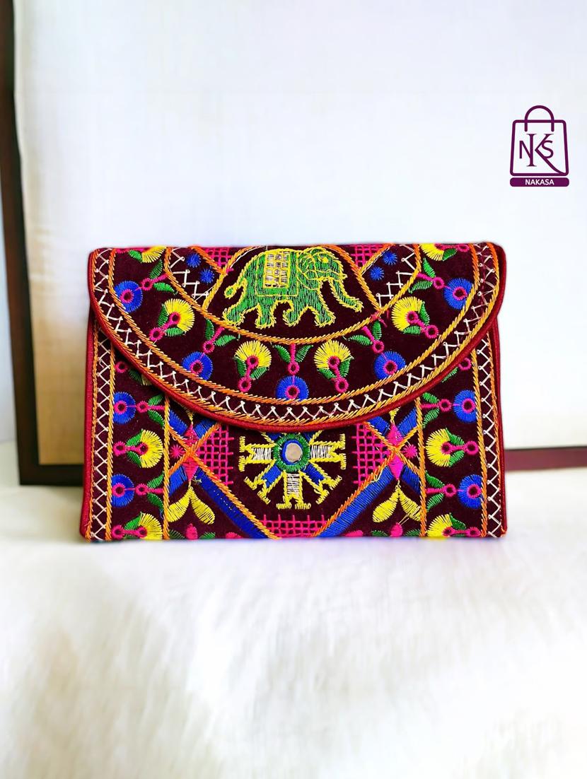 women velvet embroidery clutch with flap closure - 22033612 - Zoom Image - 0
