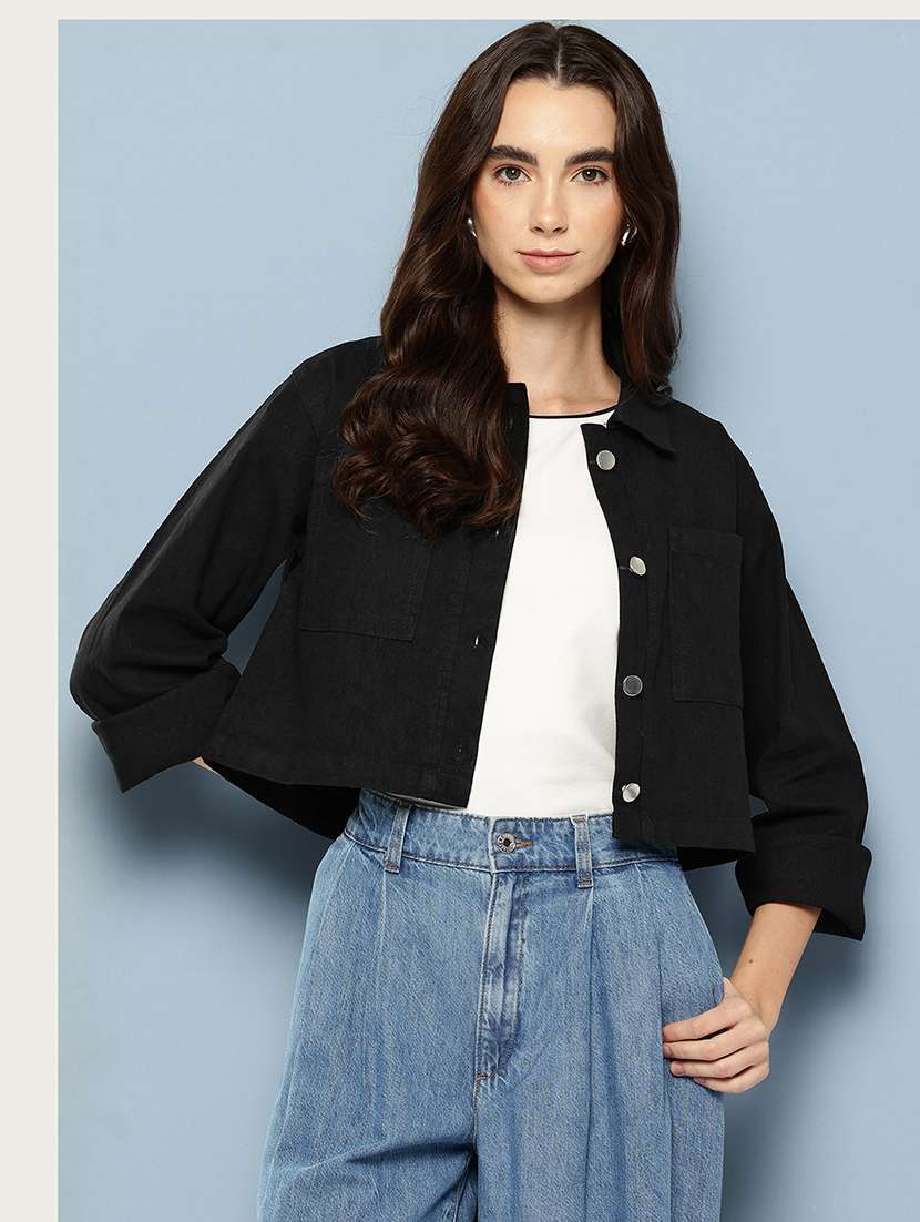 women solid long sleeve denim jacket