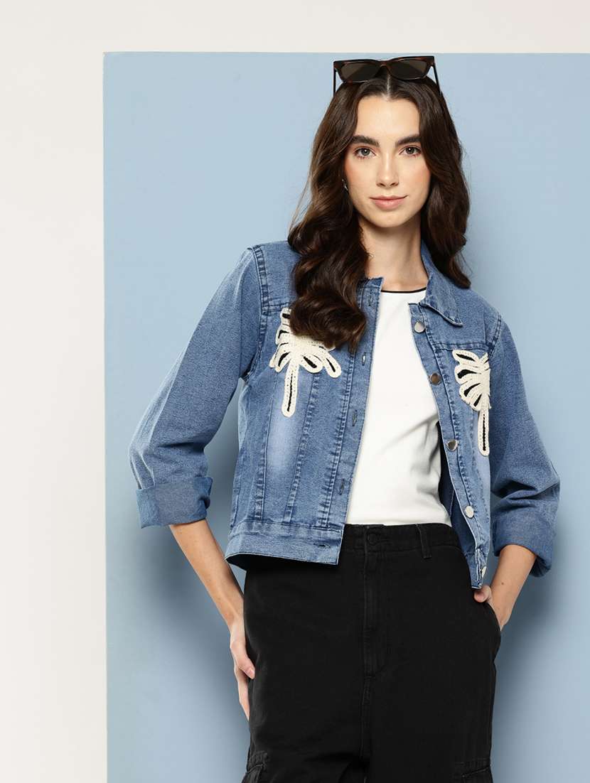 women solid with work long sleeve denim jacket