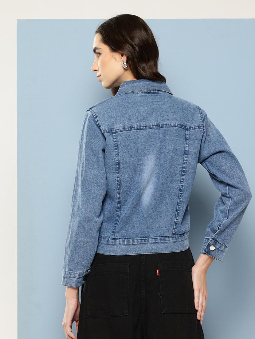 women solid with work long sleeve denim jacket - 22033744 - Standard Image - 2