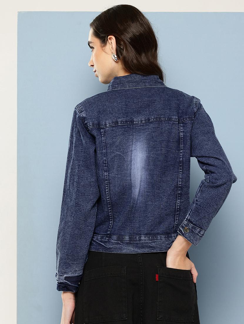 women solid with work long sleeve denim jacket - 22033745 - Standard Image - 2