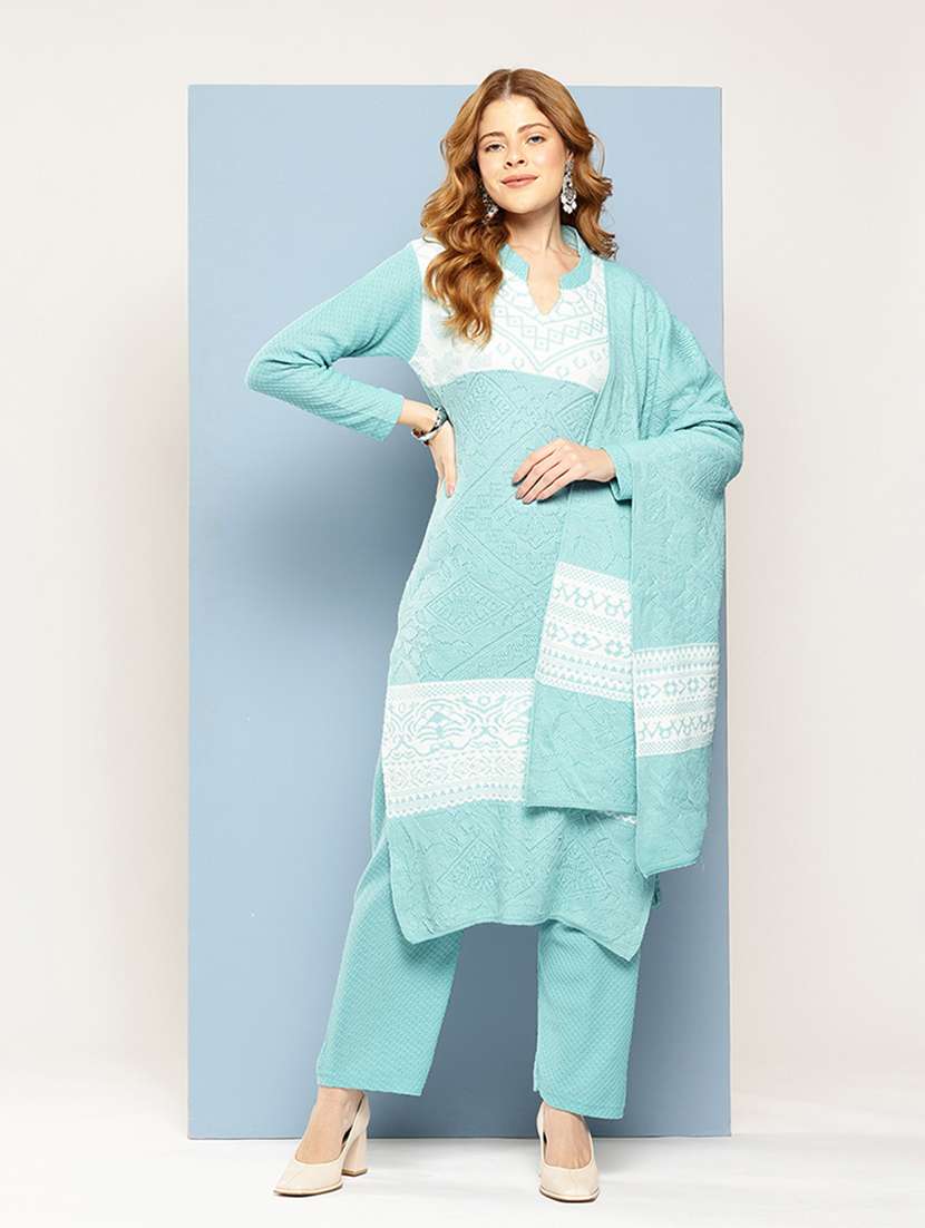 women self design long sleeve kurta pant with dupatta set