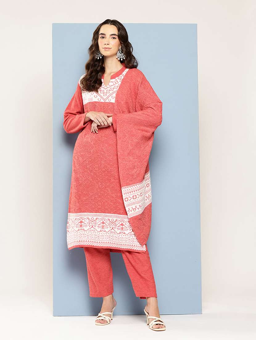 women self design long sleeve kurta pant with dupatta set