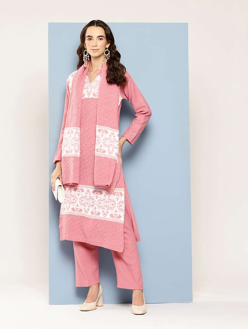 women self design long sleeve kurta pant with dupatta set