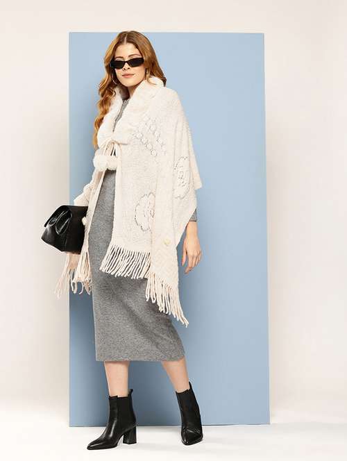 women self designed beige wool poncho - 22033764 -  Standard Image - 0
