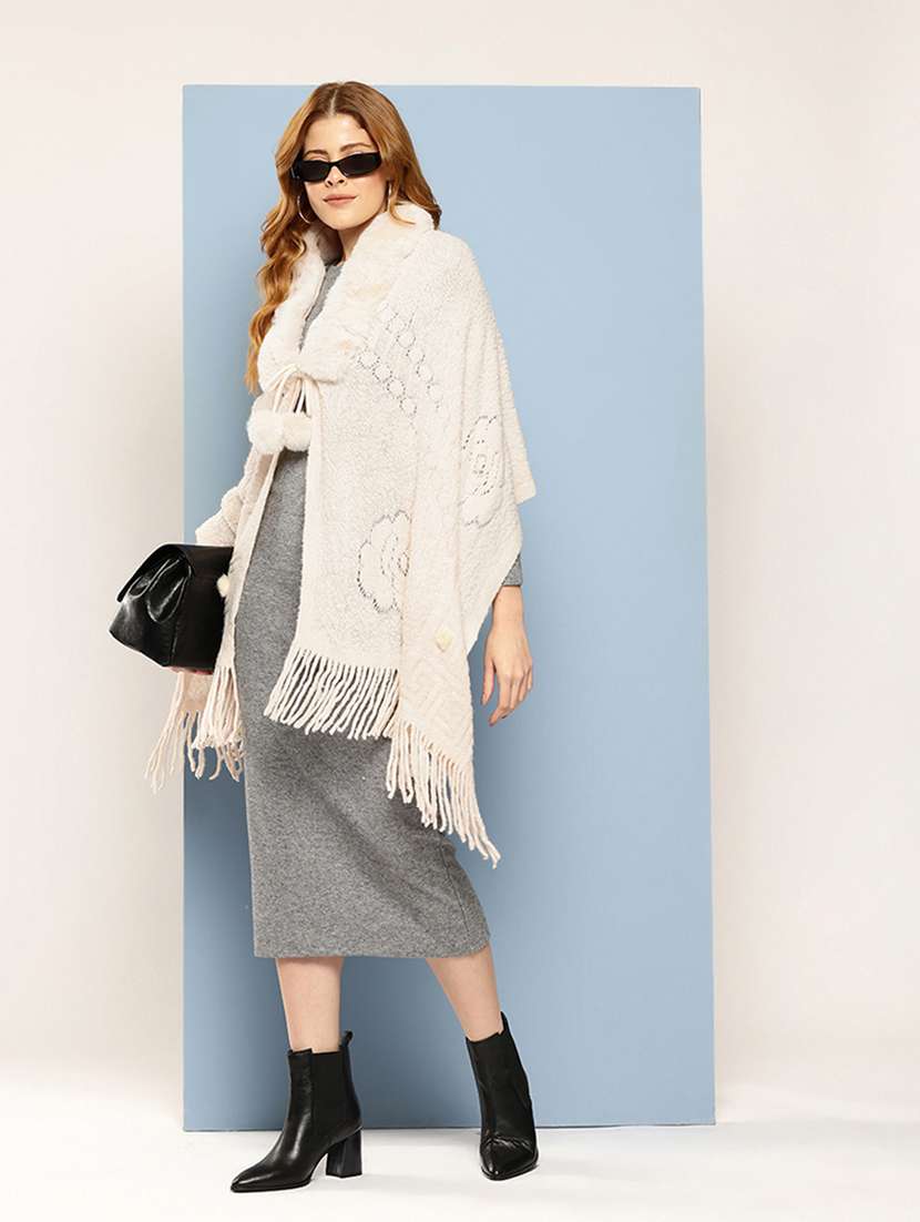 women self designed beige wool poncho - 22033764 -  Zoom Image - 0