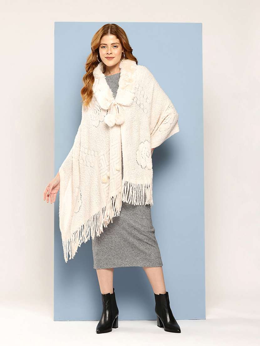 women self designed beige wool poncho - 22033764 - Standard Image - 2