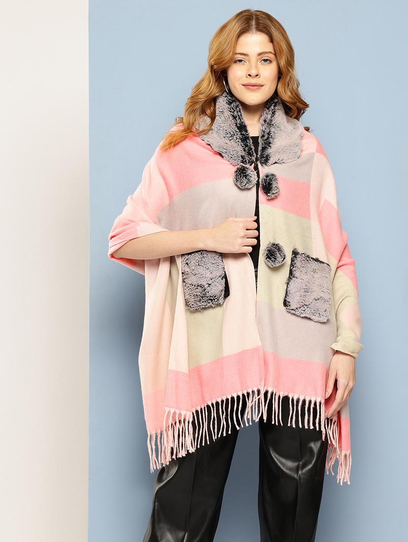 women self designed pink wool poncho - 22033766 - Standard Image - 2