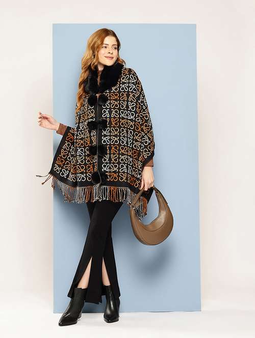 women self designed black wool poncho