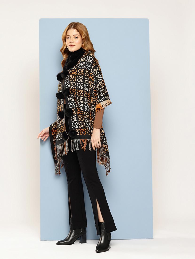 women self designed black wool poncho - 22033767 - Standard Image - 2