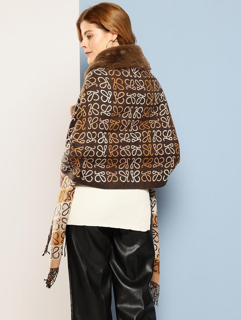 women self designed brown wool poncho - 22033768 - Standard Image - 2