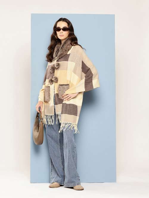 women self designed beige wool poncho