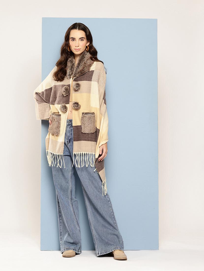 women self designed beige wool poncho - 22033769 - Standard Image - 2