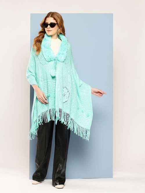 women self designed turquoise wool poncho - 22033770 - Standard Image - 0