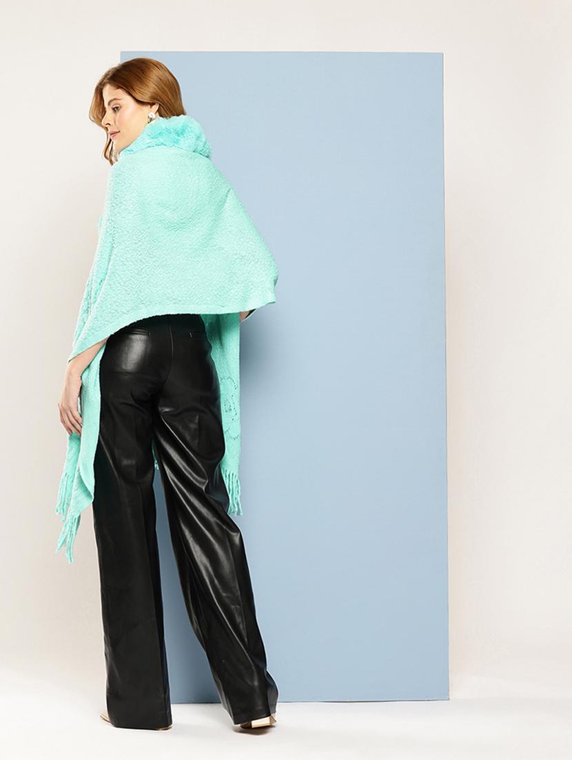 women self designed turquoise wool poncho - 22033770 - Standard Image - 2