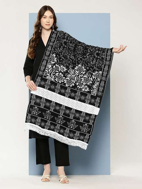 women black self designed wool stole