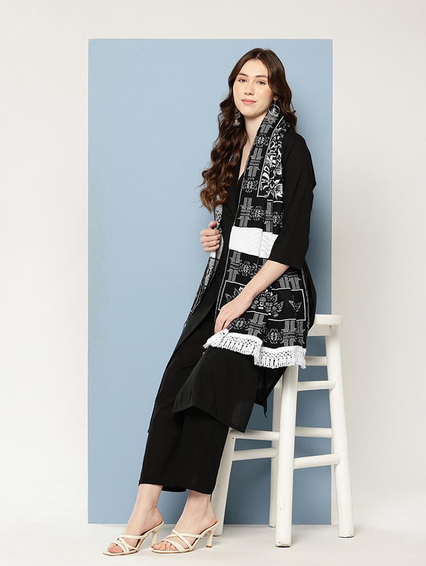 women black self designed wool stole - 22033772 - Standard Image - 2