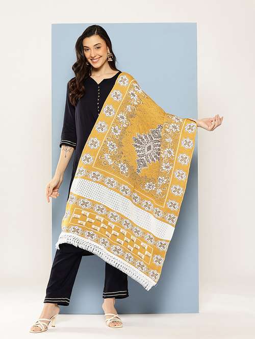 women self designed mustard wool stole