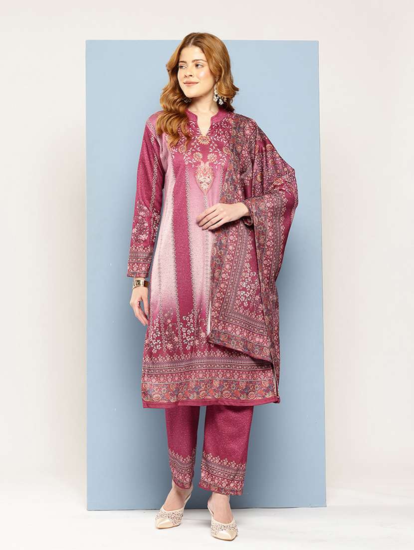 women self design long sleeve kurta pant with dupatta set