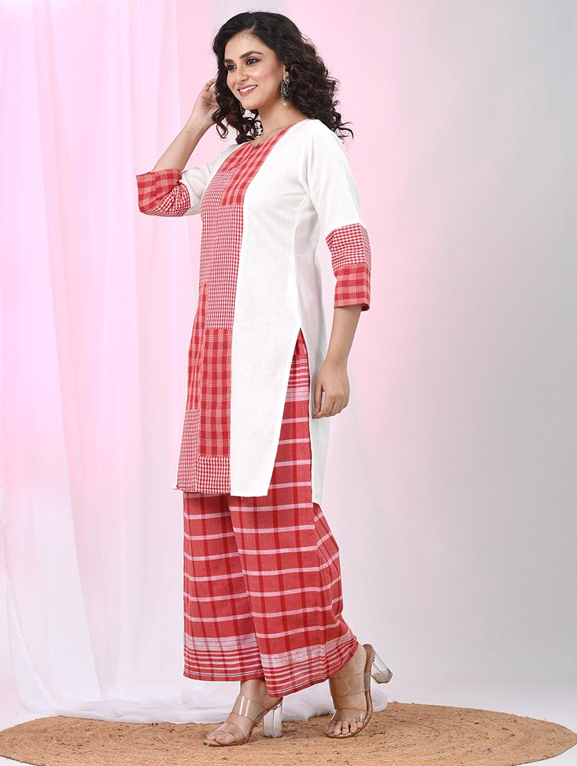 women checkered three quarter sleeve kurta palazzo set - 22033976 - Standard Image - 2