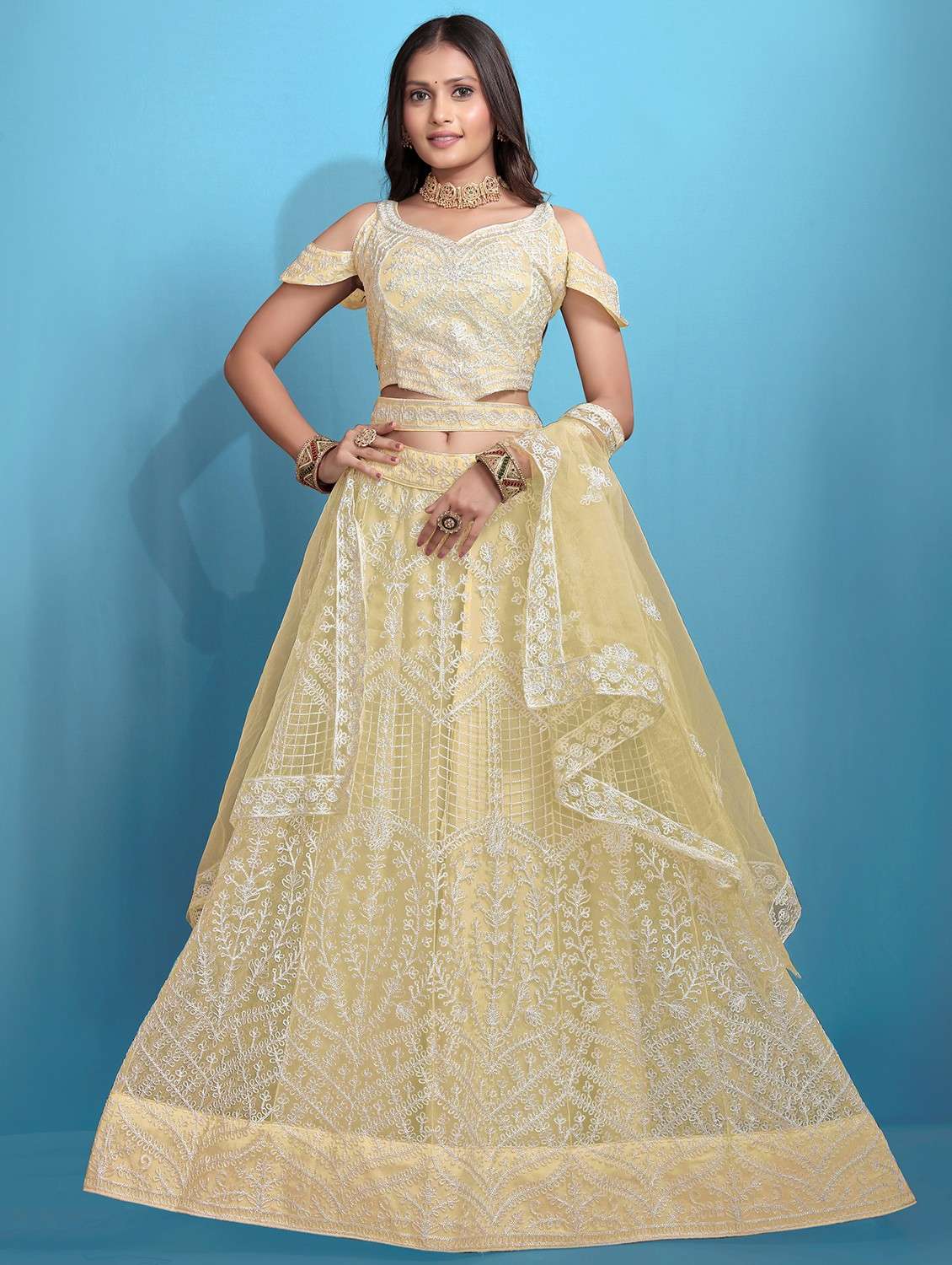 women embroidered fared lehenga and choli set