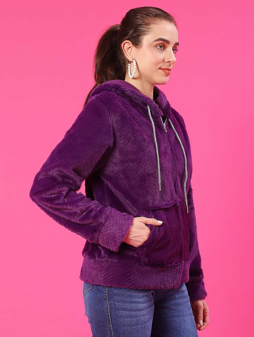 women solid long sleeve hooded sweatshirt - 22034814 -  Standard Image - 2