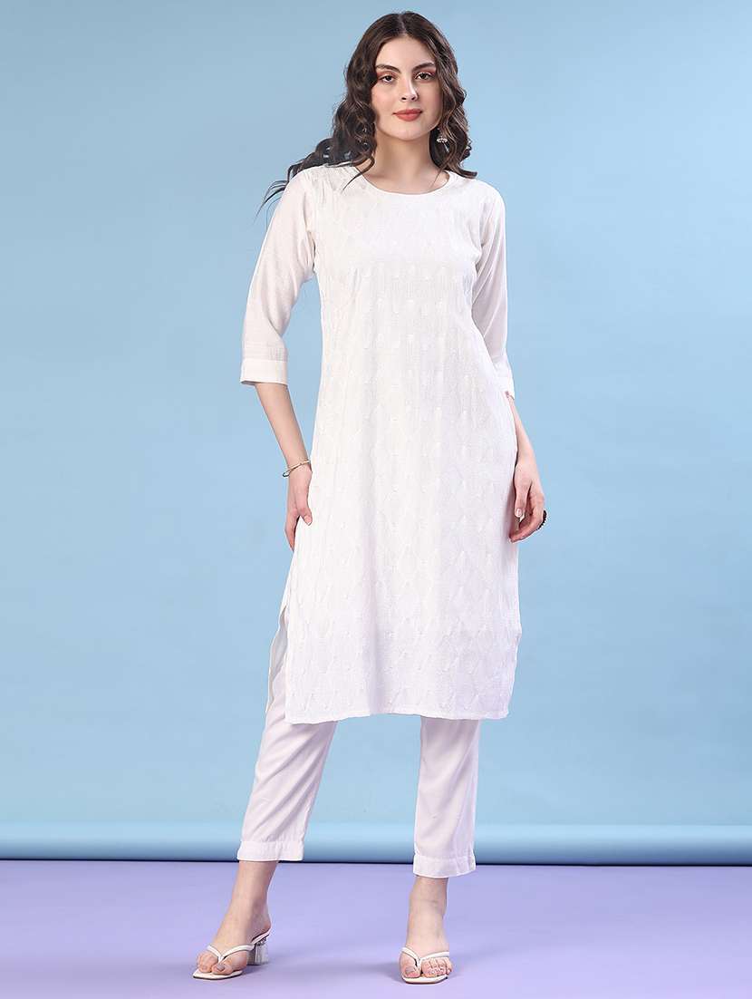 women solid with work three quarter sleeve straight kurta - 22034820 -  Standard Image - 2