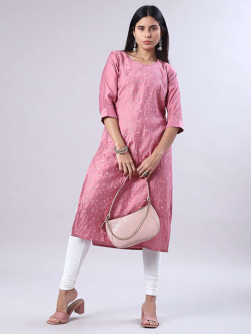 women solid with work three quarter sleeve straight kurta - 22034821 -  Standard Image - 2