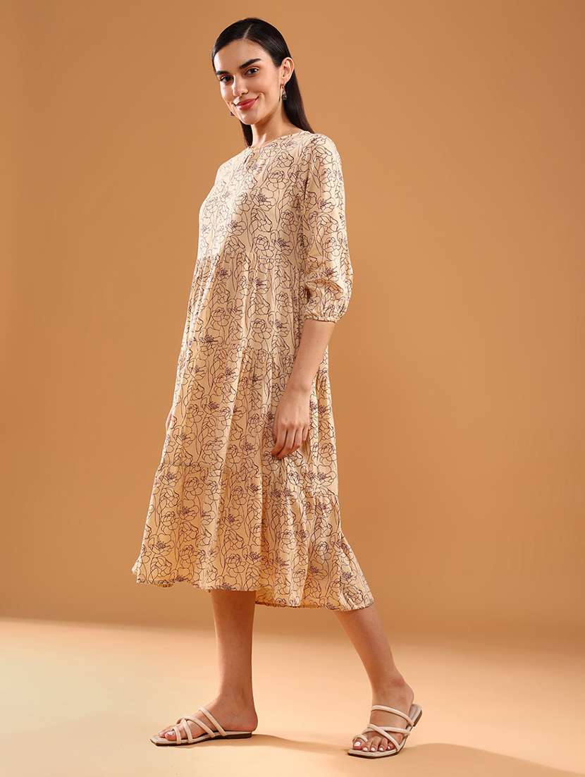 women printed three quarter sleeve tiered dress - 22034858 -  Standard Image - 2
