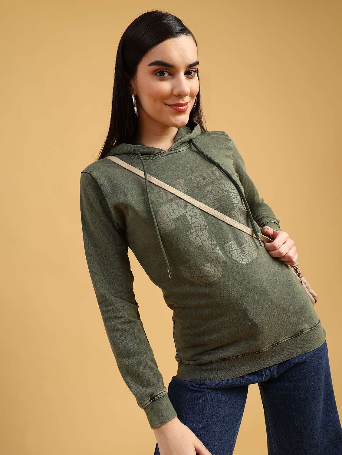 olive cotton chest print sweatshirt