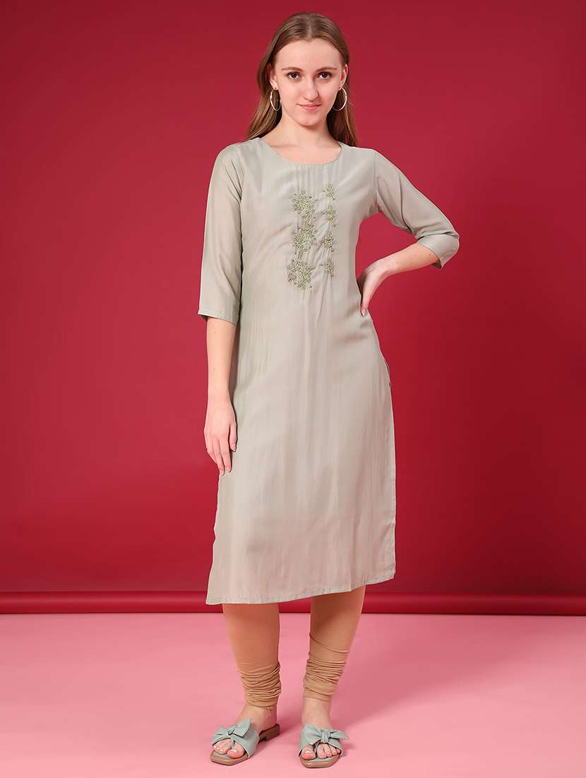 women solid with work three quarter sleeve straight kurta - 22035076 -  Standard Image - 2