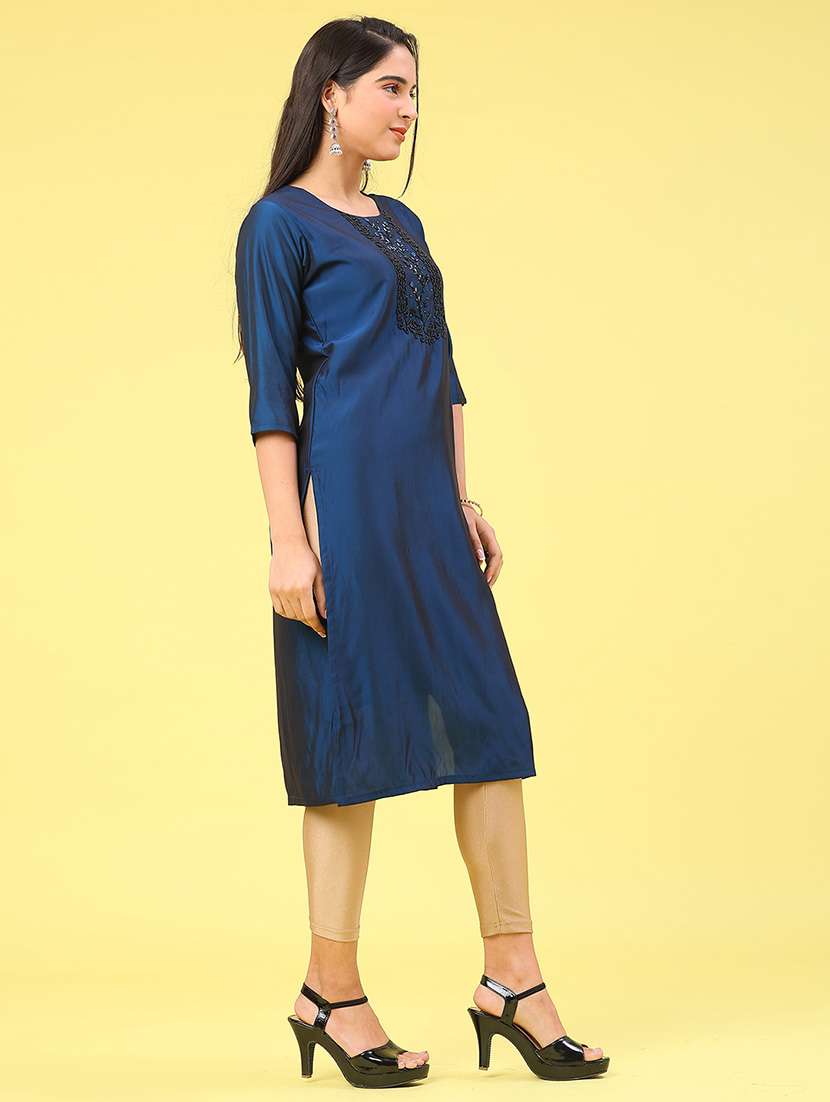 women solid with work three quarter sleeve straight kurta - 22035098 -  Standard Image - 2