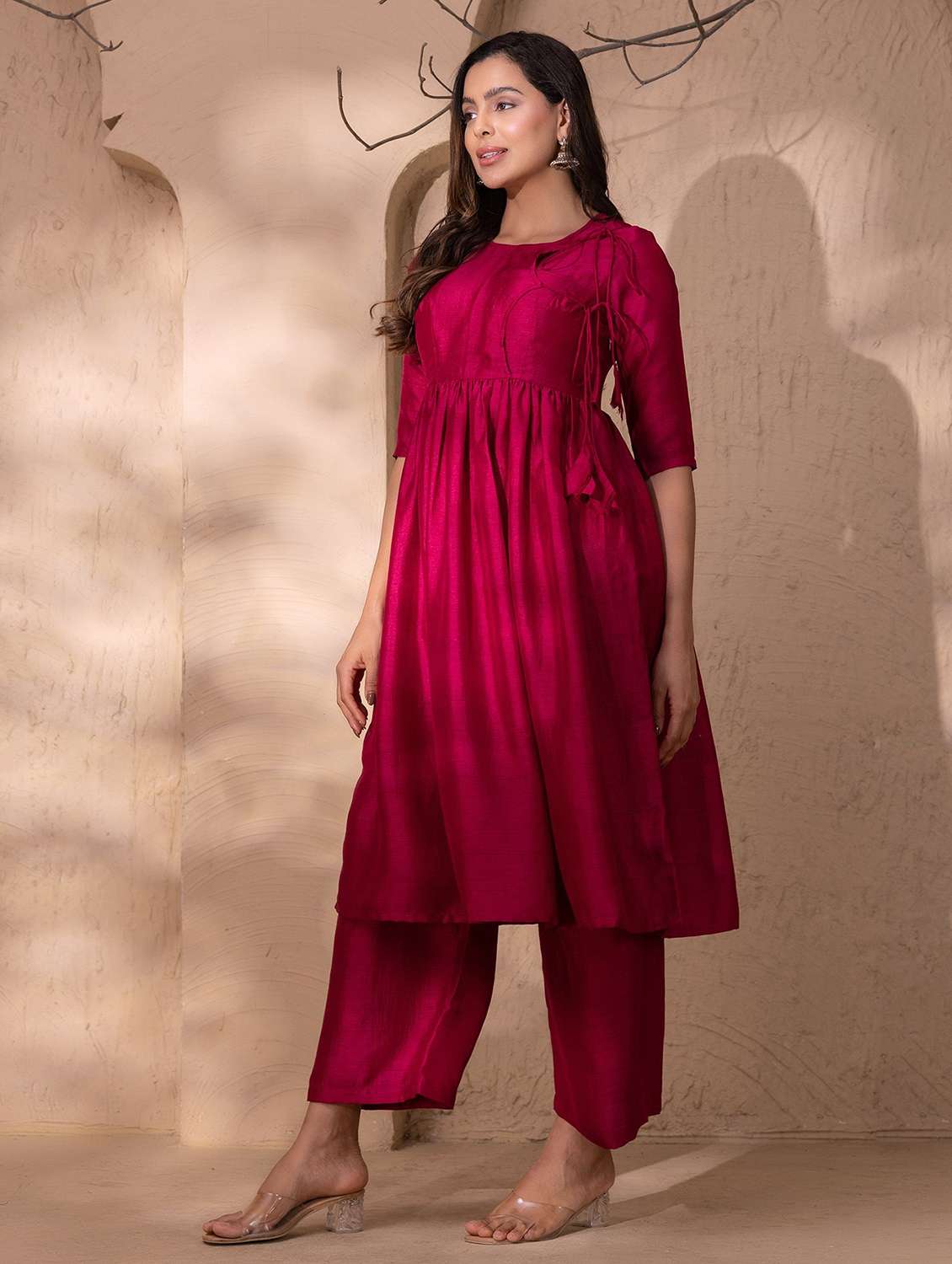 women solid elbow sleeve kurta and palazzo set - 22035110 - Standard Image - 2