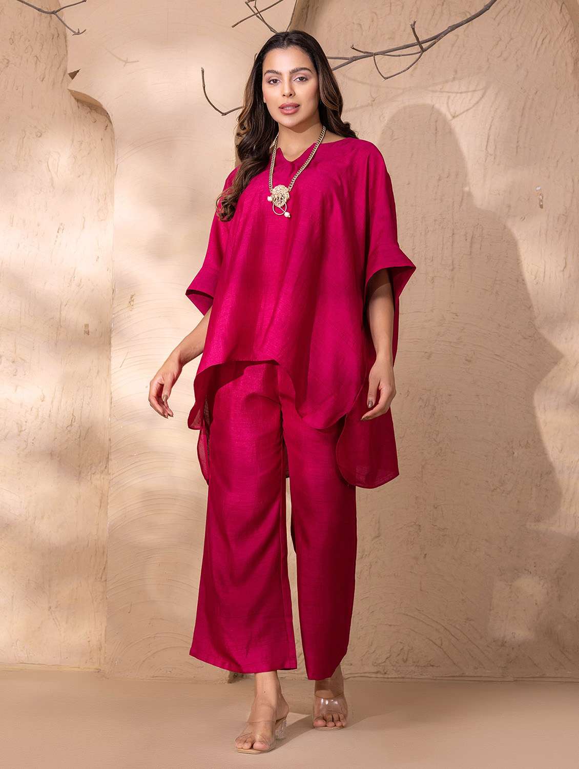 women solid kaftan kurta and pant set