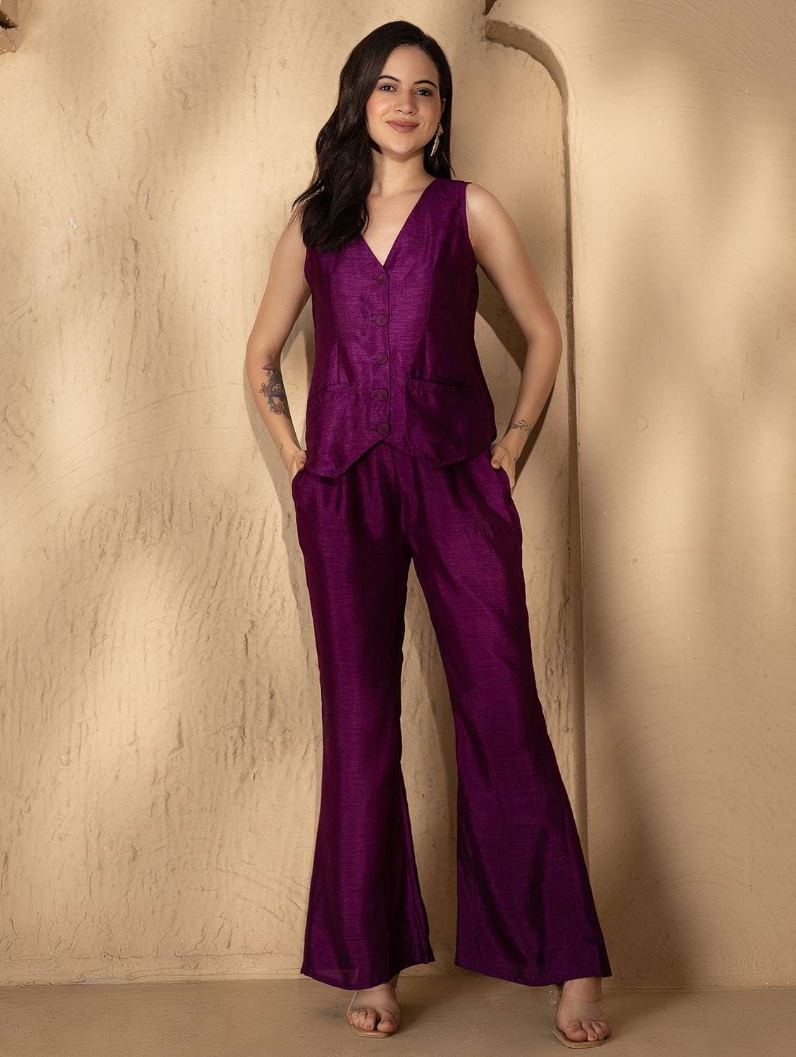 women solid v neck top & trouser co ord set