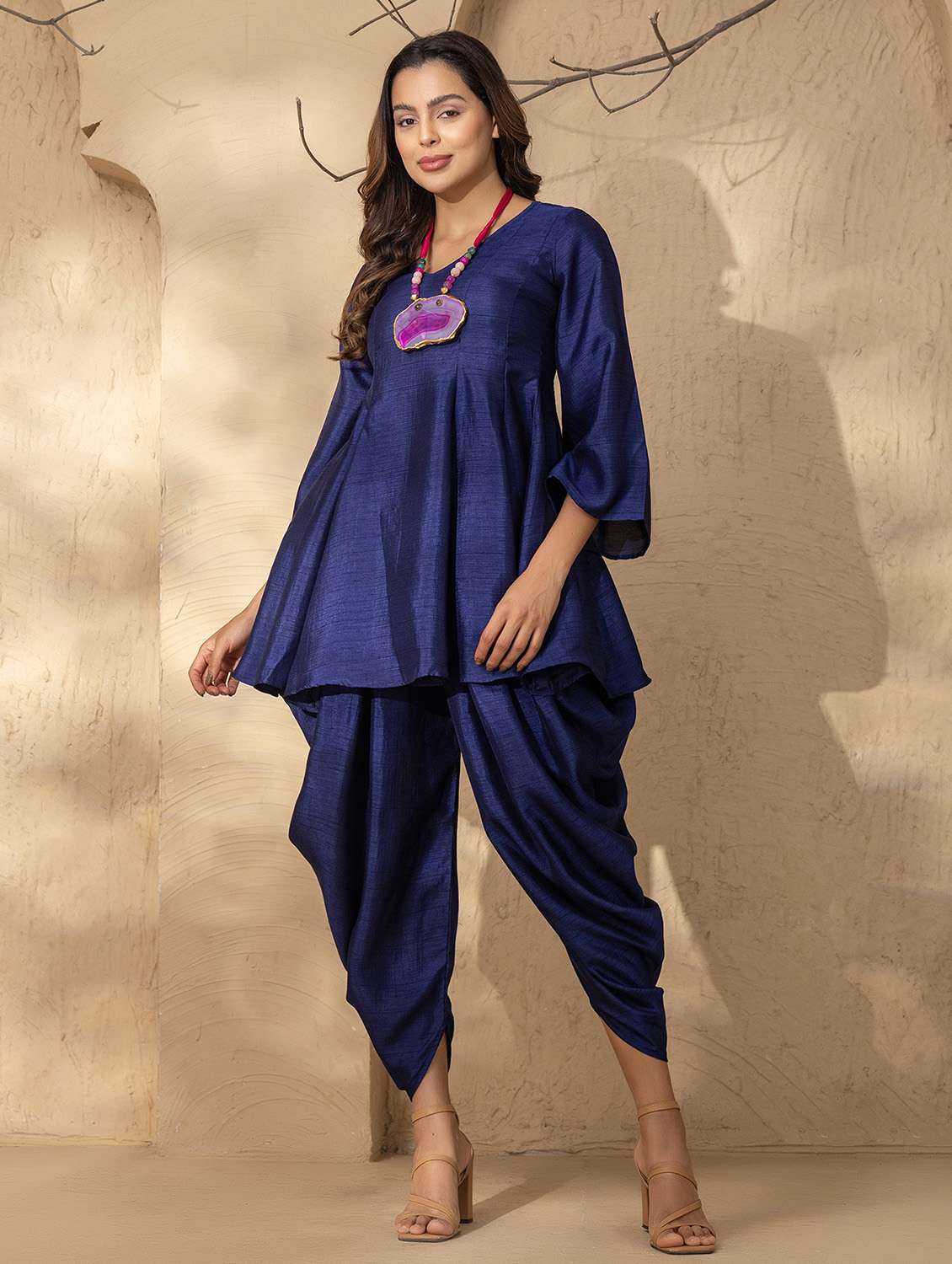 women solid bell sleeve dhoti and kurta set