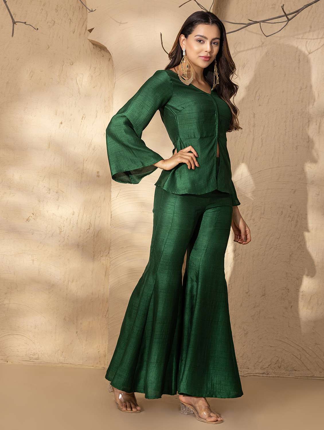 women solid bell sleeve ethnic co-ord set - 22035128 - Standard Image - 2