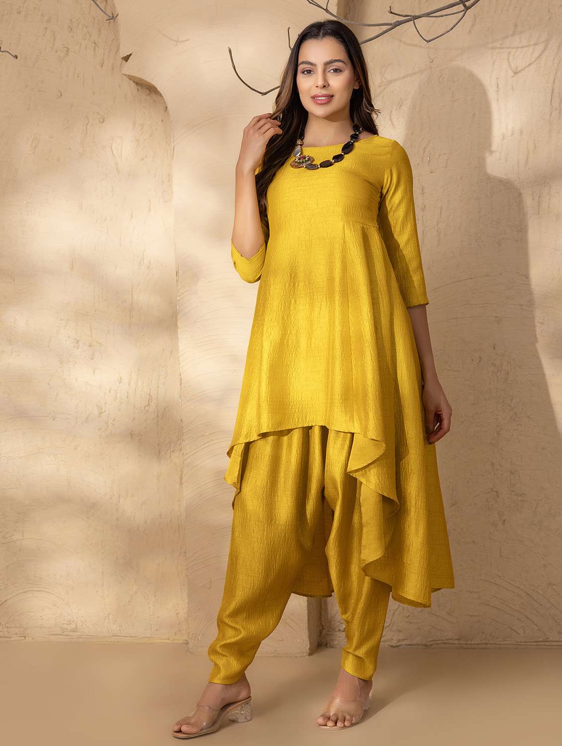 mustard women solid dhoti and high-low kurta set kurta set