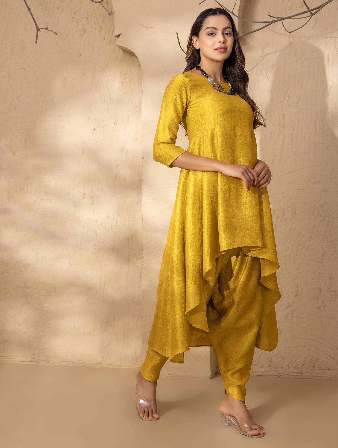 mustard women solid dhoti and high-low kurta set kurta set - 22035131 -  Standard Image - 2