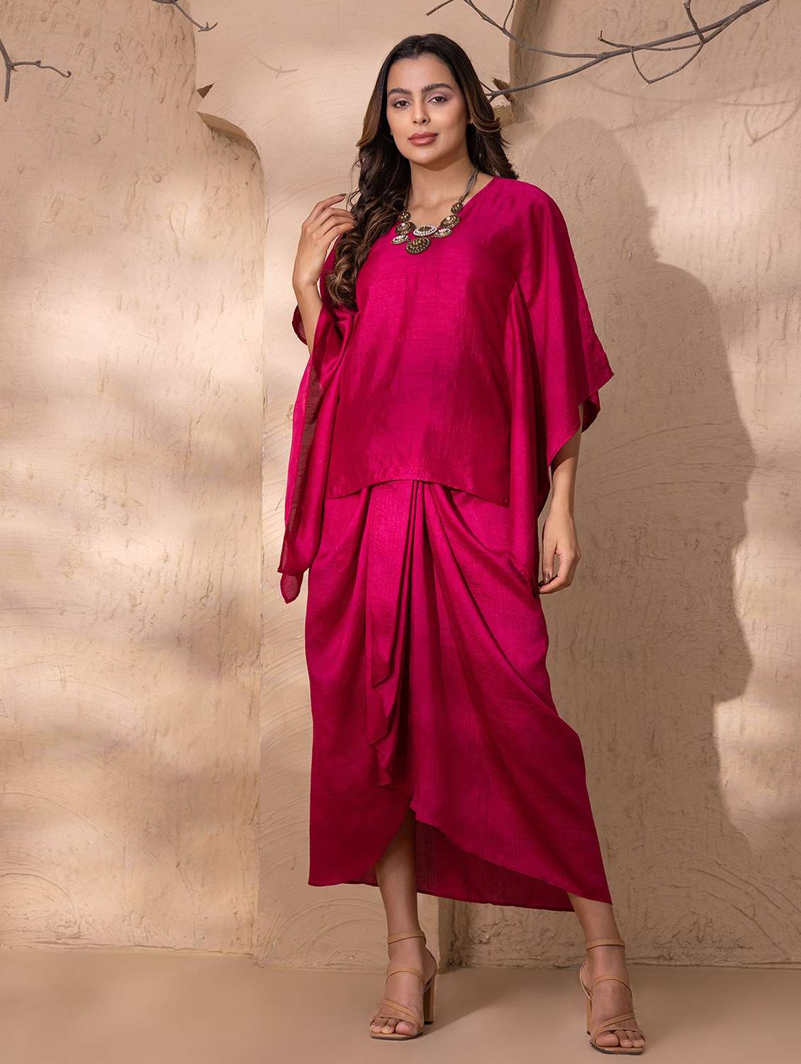 women solid kimono sleeve ethnic co-ord set