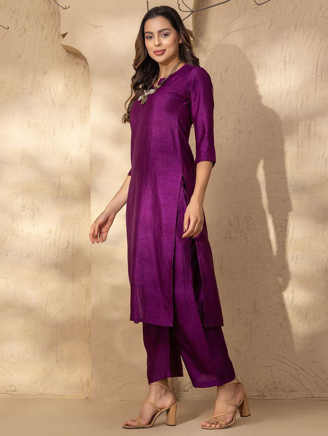 women three quarter sleeve kurta and palazzo co-ord set - 22035138 -  Standard Image - 2