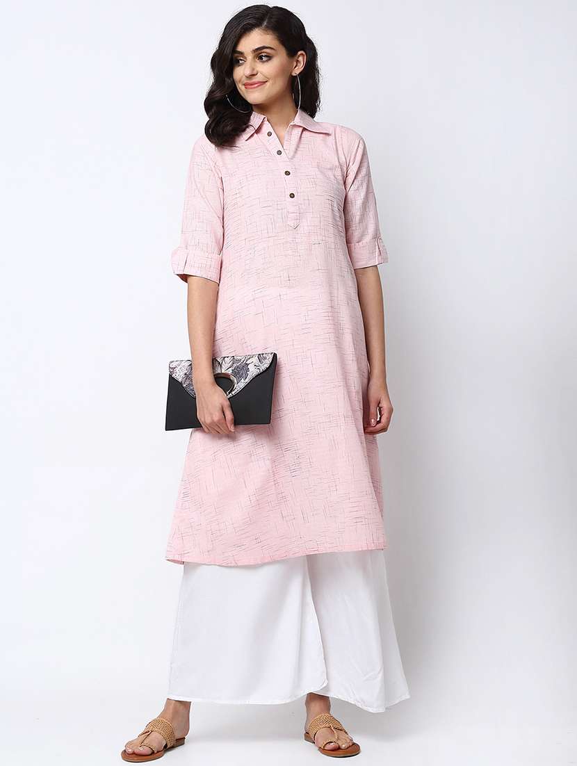 women self design roll up sleeve a-line kurta