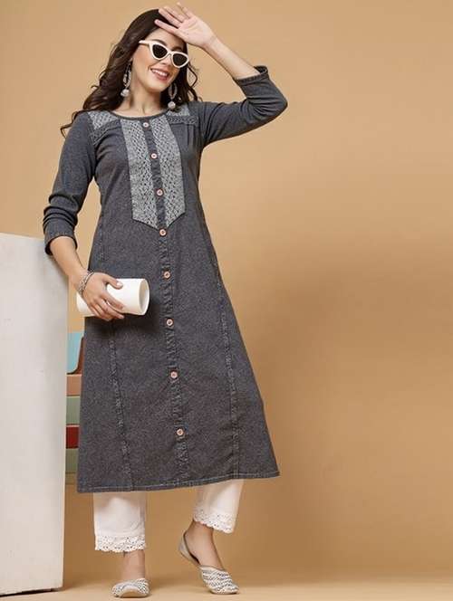 women solid three quarter sleeve straight kurta - 22035228 -  Standard Image - 0