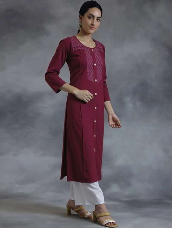 women solid three quarter sleeve straight kurta - 22035230 -  Standard Image - 2