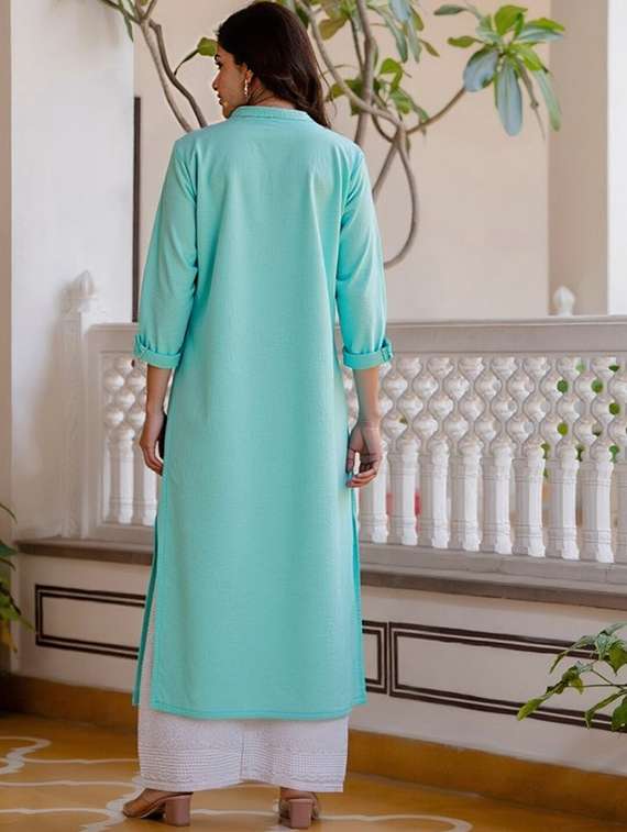 women solid three quarter sleeve straight kurta - 22035231 -  Standard Image - 2