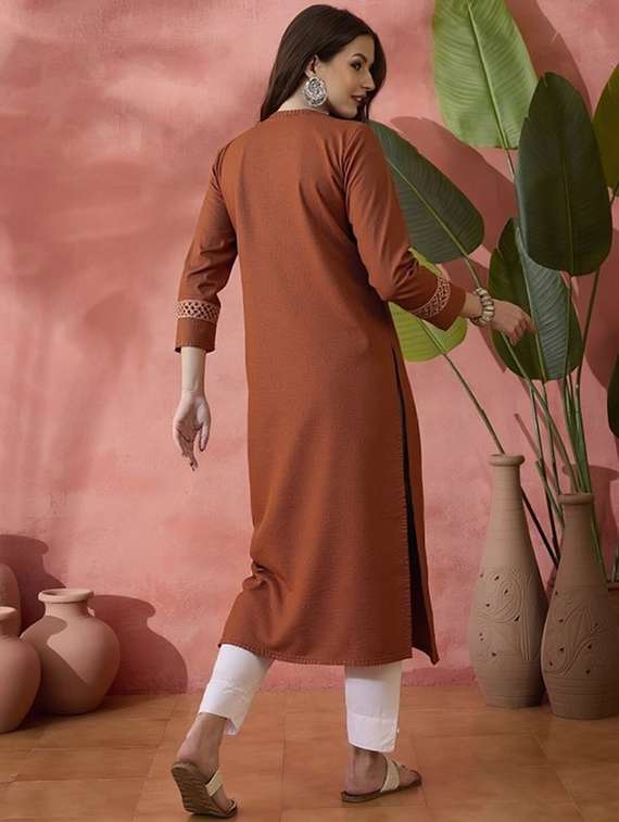 women solid three quarter sleeve straight kurta - 22035234 -  Standard Image - 2