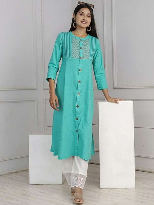 women solid three quarter sleeve straight kurta - 22035236 -  Standard Image - 0