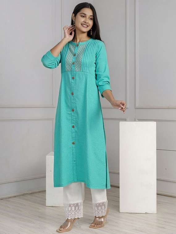 women solid three quarter sleeve straight kurta - 22035236 -  Standard Image - 2