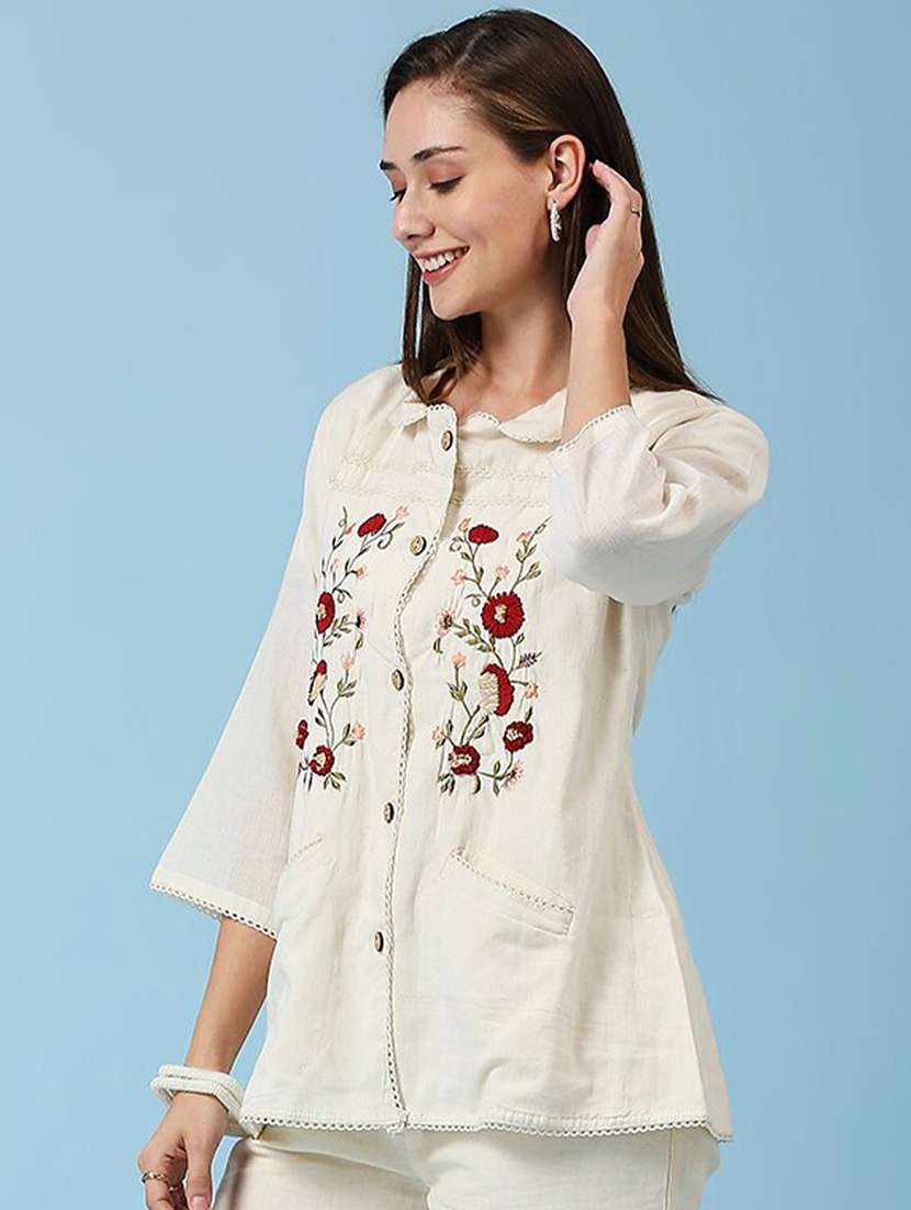 women embroidered three quarter sleeve ethnic top - 22035242 -  Standard Image - 2