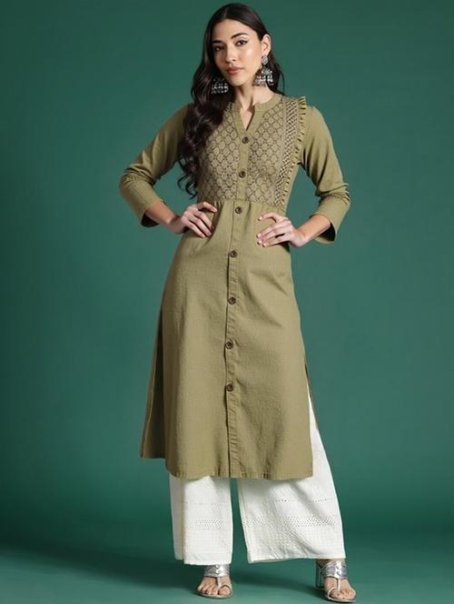 women solid three quarter sleeve straight kurta - 22035271 - Standard Image - 0